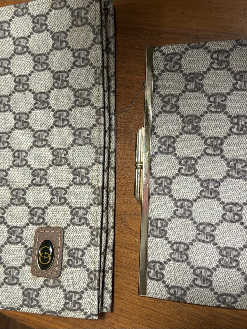 Gucci Beige and Brown GG Monogram Clutch and wallet Set with Gold-Tone Accents